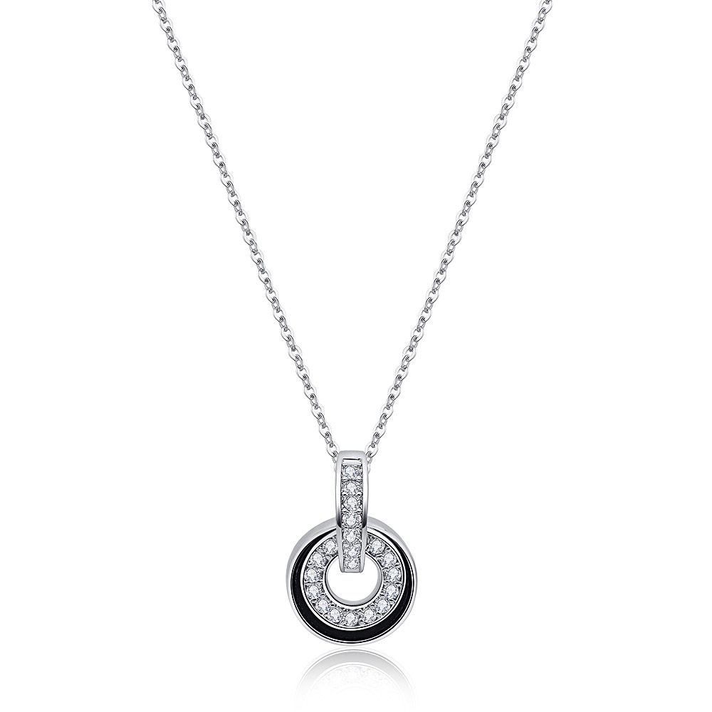 Close-up of the Double Round Pendants in Rhodium necklace, showcasing the brilliant rhodium plating and the sparkling cubic zirconia on the double circle charm.