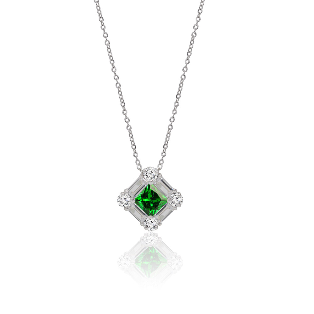 A 7MM Emerald Square CZ Necklace featuring a silver chain and a diamond-shaped pendant with a central green emerald cubic zirconia surrounded by clear stones.