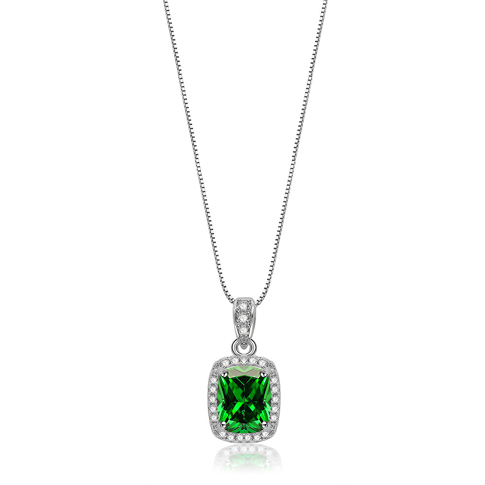 Artistic Necklace in Emerald featuring a rhodium-plated chain and a striking green cubic zirconia pendant in an art deco setting.