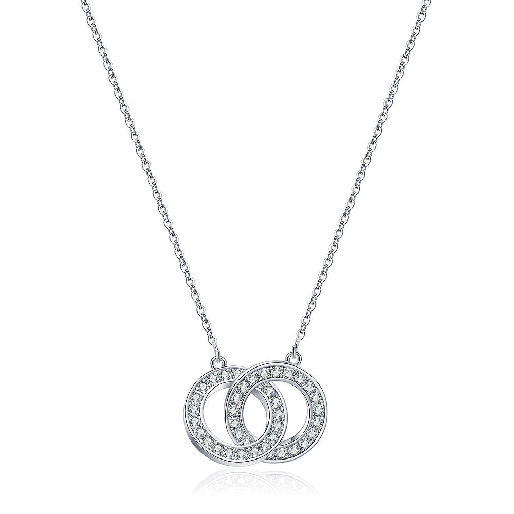 Interlocking CZ Circles Necklace with a rhodium-plated brass pendant featuring sparkling cubic zirconia accents.