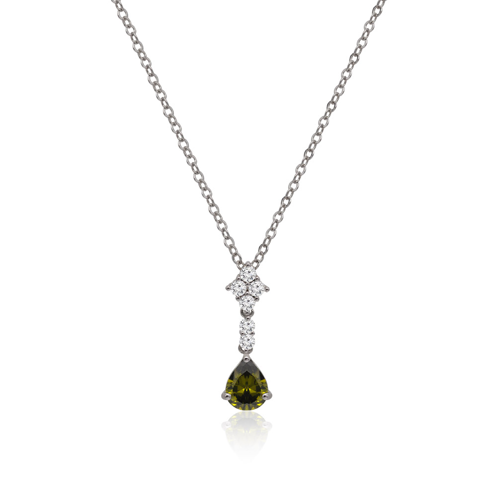 A close-up of the Pear Shaped Olive Dangle Necklace, showcasing its silver chain and pendant with a large olive green teardrop cubic zirconia surrounded by smaller white stones.