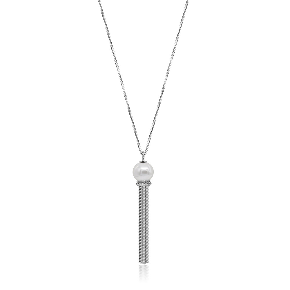 Dangle Pearl Tassel Long Necklace featuring a rhodium-plated chain with a large glass pearl and a silver bead tassel pendant.