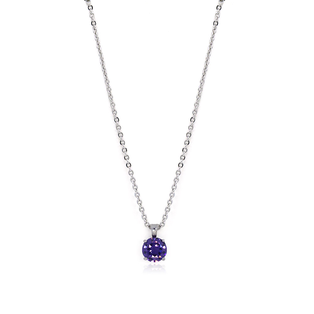 A classic solitaire necklace featuring a brilliant purple cubic zirconia pendant on a rhodium-plated chain, displayed on a neutral background.