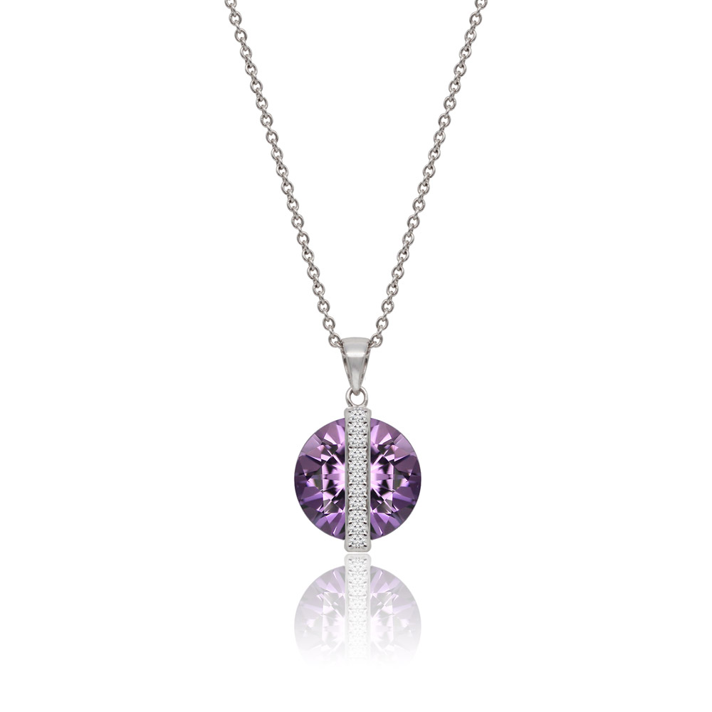 The Starry Universe Necklace featuring a rhodium-plated chain and a brilliant violet cubic zirconia pendant surrounded by a halo of white stones.