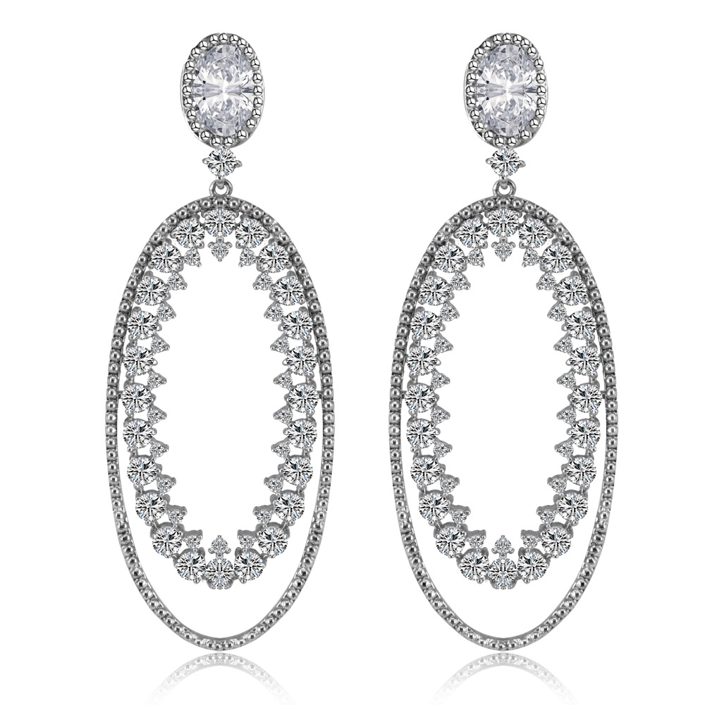 Front view of the Red Carpet Earring (BEQ05-R-Z-00090), featuring a two-part oval design in rhodium-plated brass, fully encrusted with brilliant white cubic zirconia stones.