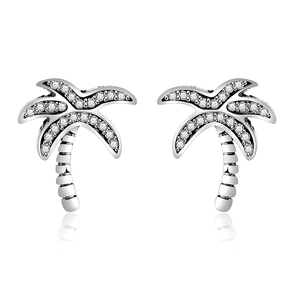 A pair of Silver Breezy Palm stud earrings in 925 sterling silver, featuring a detailed palm leaf design adorned with sparkling white cubic zirconia stones.