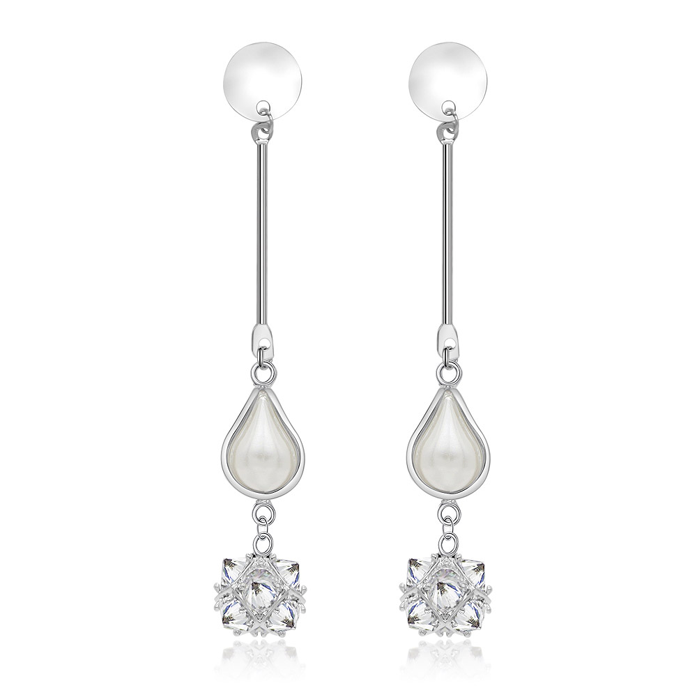 A pair of Teardrop of Pearls Earrings, featuring a rhodium-plated brass design with white cubic zirconia and a dangling teardrop pearl.