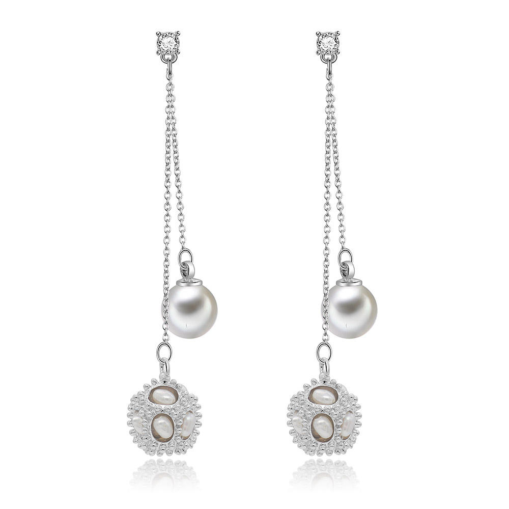 Elegant chandelier pearl dangling earrings with a crystal pendant and white stones, style BEQ07-R-ZP-00580.