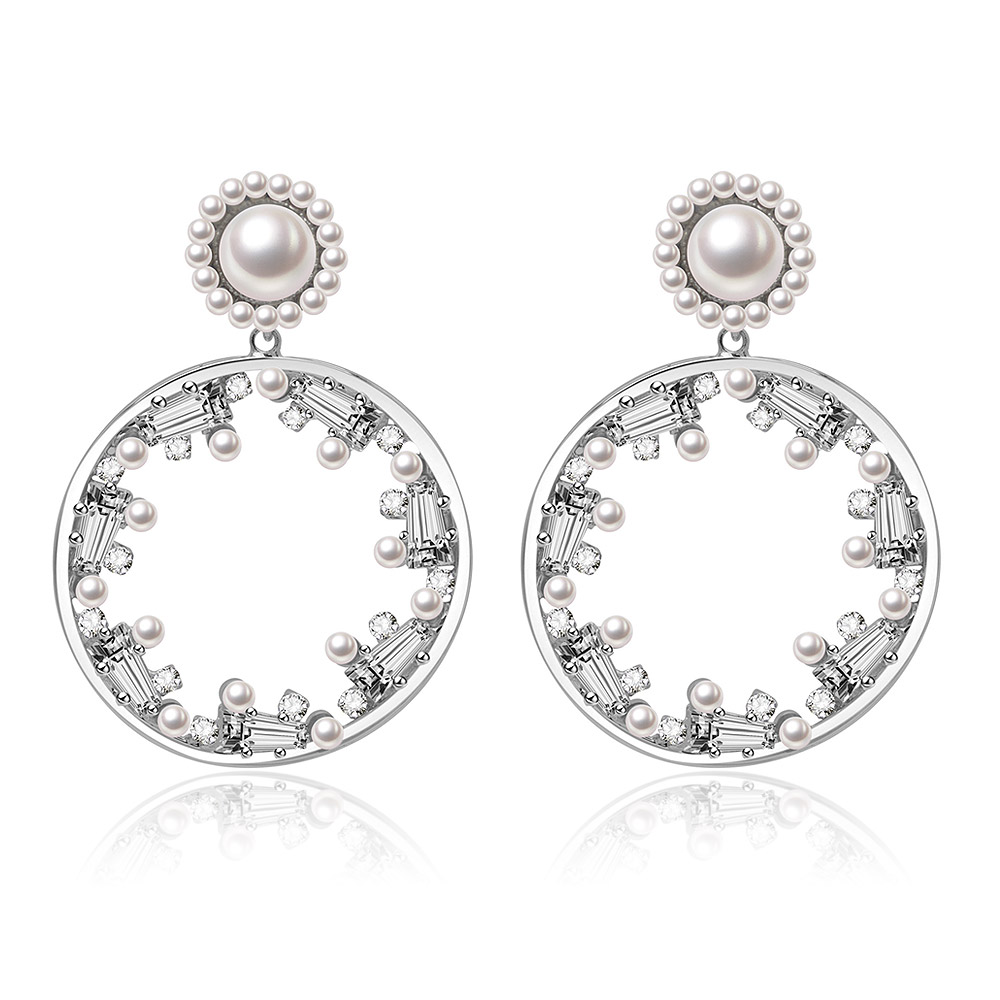 A pair of Party Round CZ Pearl Earrings featuring a rhodium-plated circular design adorned with white cubic zirconia and lustrous pearls, ideal for formal occasions.