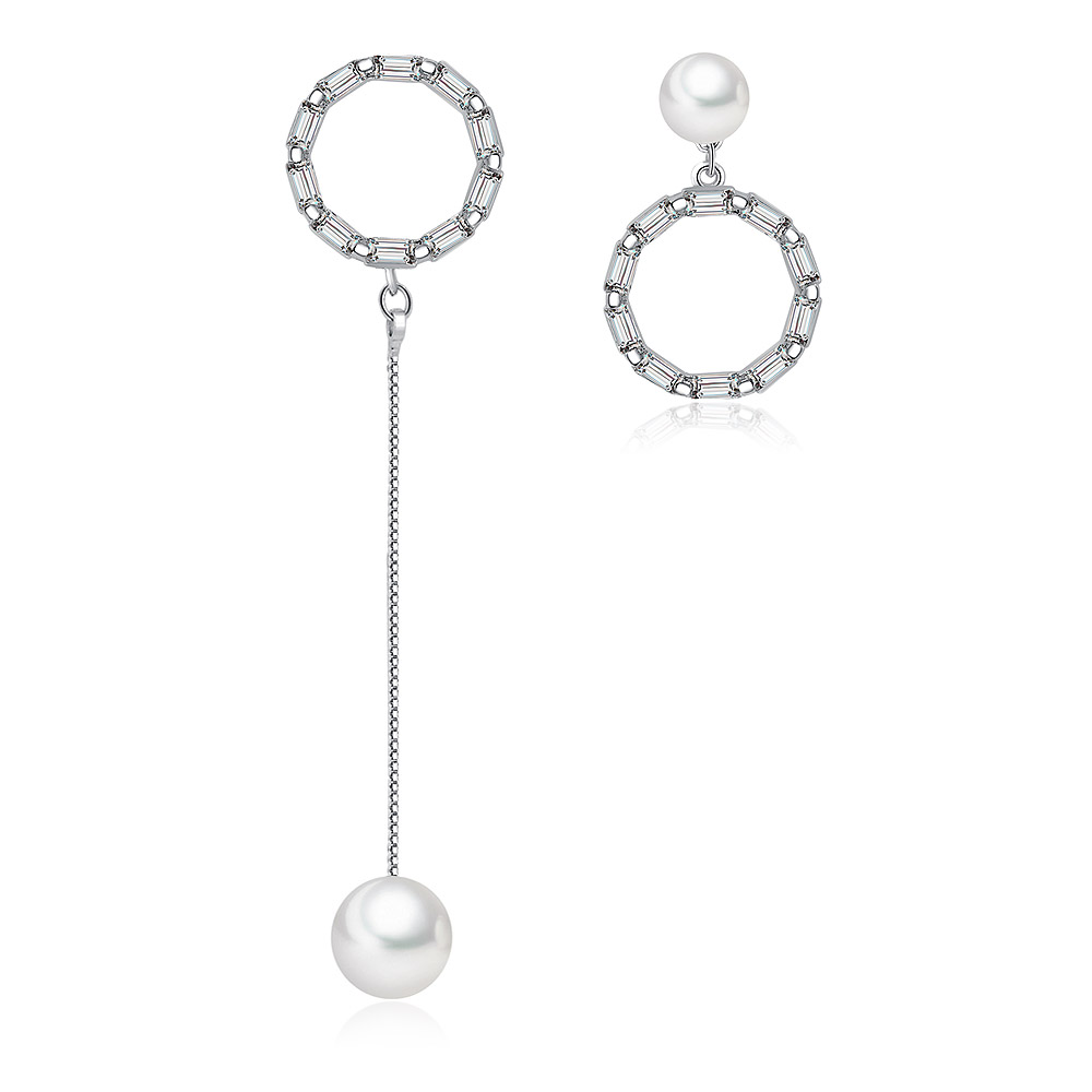 A pair of Asymmetry Drop Danglers earrings made of rhodium-plated brass, featuring a modern design with white cubic zirconia and glass pearls.