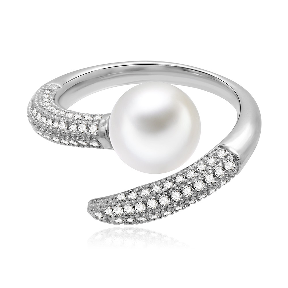 An elegant adjustable pearl and cubic zirconia ring with a rhodium-plated brass band. The open design features a large white pearl centerpiece surrounded by sparkling gemstones.