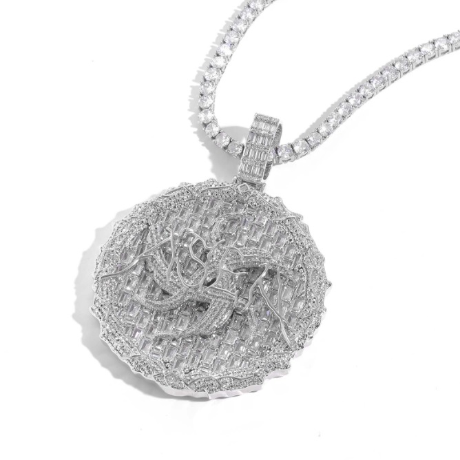 A luxurious custom hip hop pendant necklace, featuring an intricate silver design encrusted with brilliant cubic zirconia stones, crafted by JR Fashion Accessories.