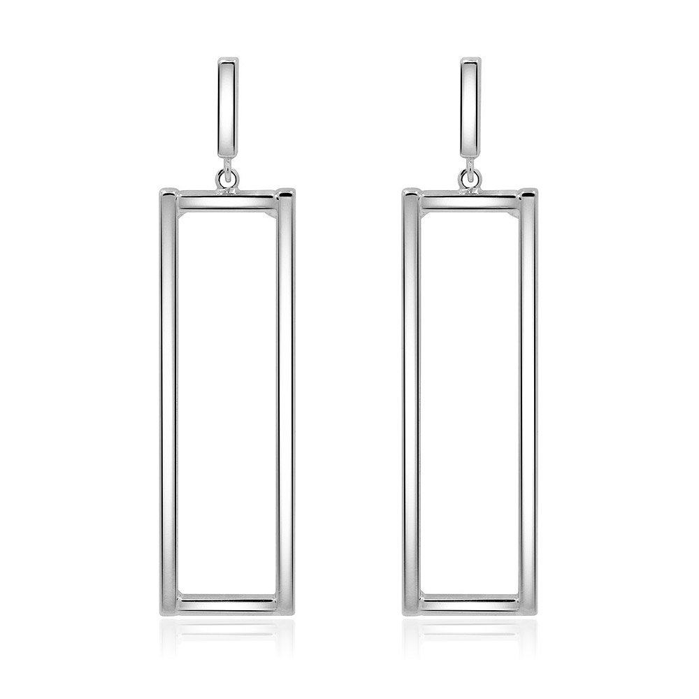 A pair of polished rhodium rectangle long earrings with a minimalist, geometric frame design, displayed on a white background.