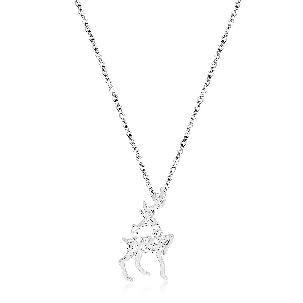 A close-up of the rhodium-plated Reindeer Necklace, showcasing the detailed reindeer pendant with white cubic zirconia stones on a silver chain.