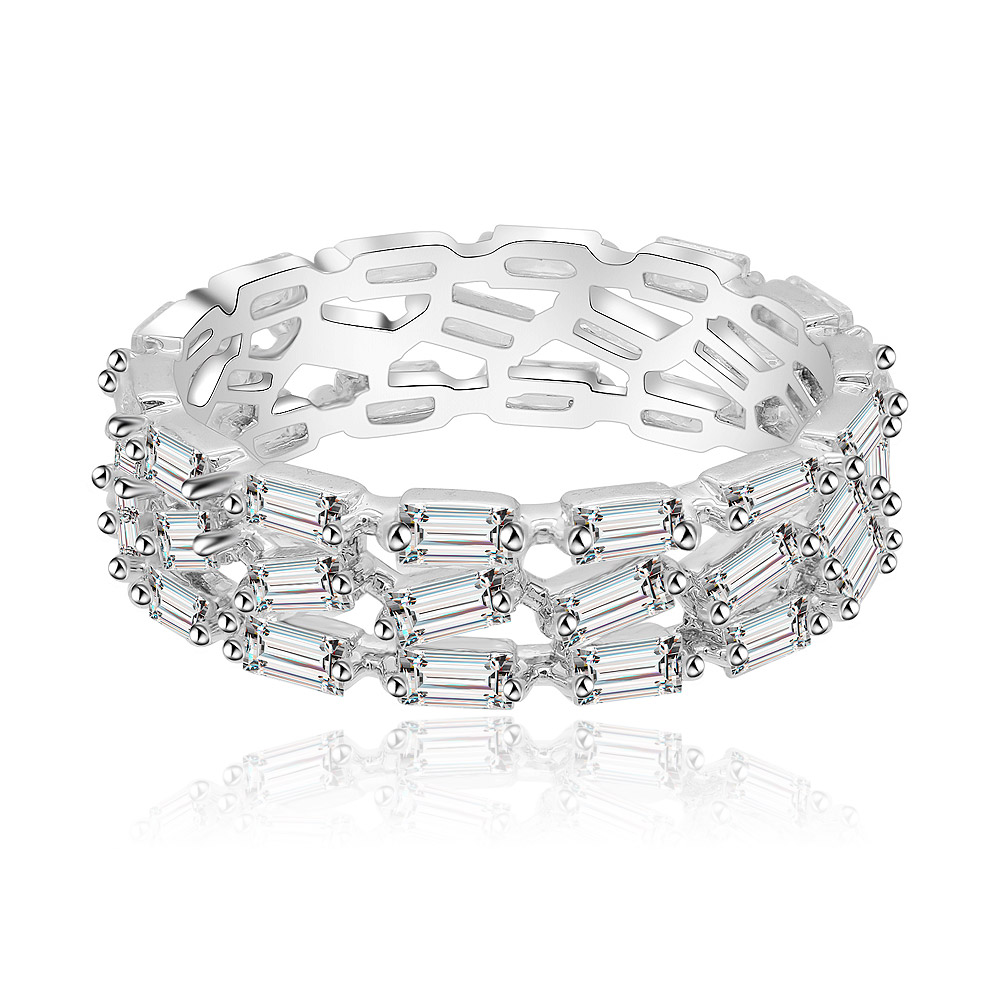 Front view of the Baguette Morganite Band Ring, showcasing the prong-set baguette-cut cubic zirconia stones on a rhodium-plated brass band.