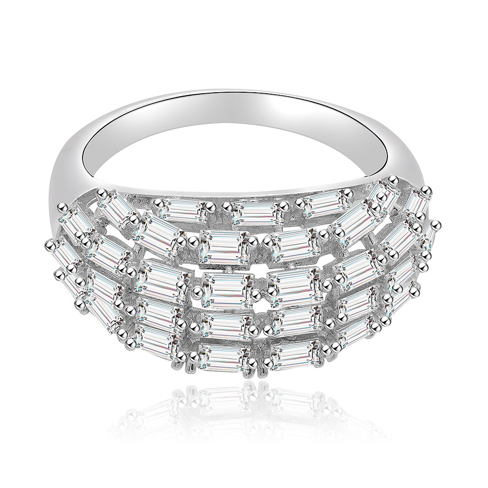 Front view of the Dome Shape Baguette Morganite Ring, showcasing its rhodium-plated finish and intricate filigree detailing with clear cubic zirconia stones.