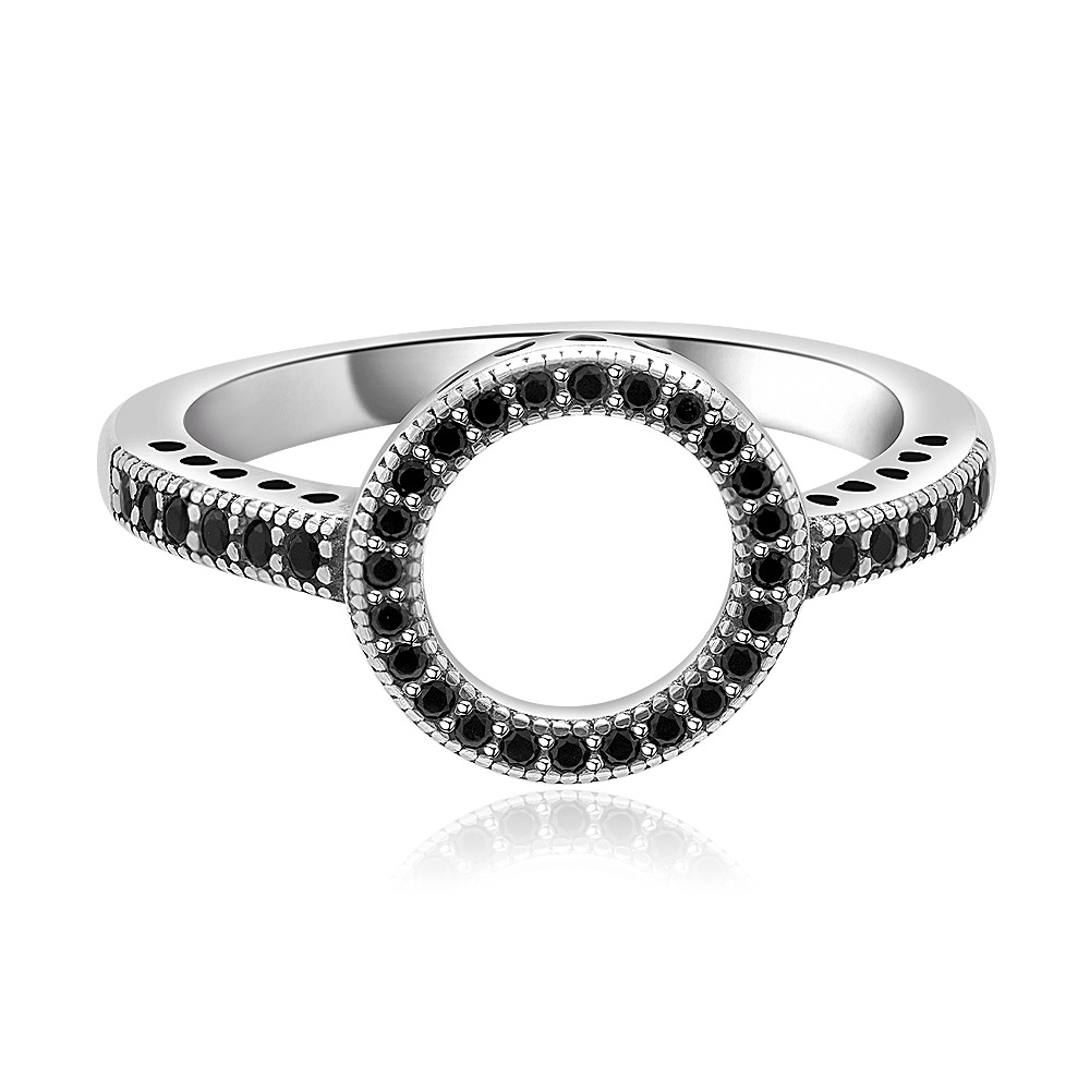 Front view of the Round Silhouette Black CZ Ring in oxidized 925 sterling silver, showcasing its modern design with contrasting black gemstones.