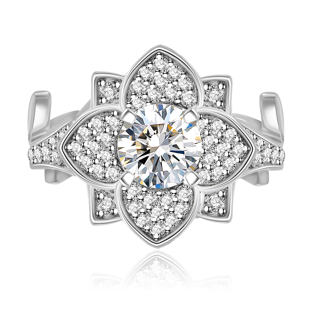 A close-up of the Rose with Leaf Pave Band Ring, showcasing its silver-toned rhodium plating and a central cluster of white cubic zirconia stones arranged in a floral, leaf-like design.