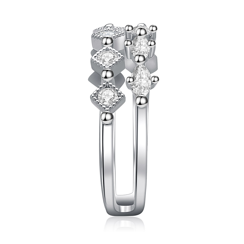 A close-up of the Cluster CZ Adjustable Ring, showcasing its split shank design and the arrangement of multiple clear cubic zirconia gemstones.