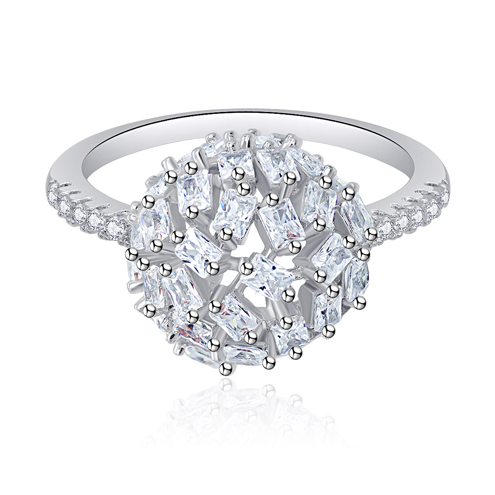 Front view of the Baguette and Round CZ Ball Shape Ring, showcasing the detailed cluster of clear cubic zirconia on a rhodium-plated brass band.
