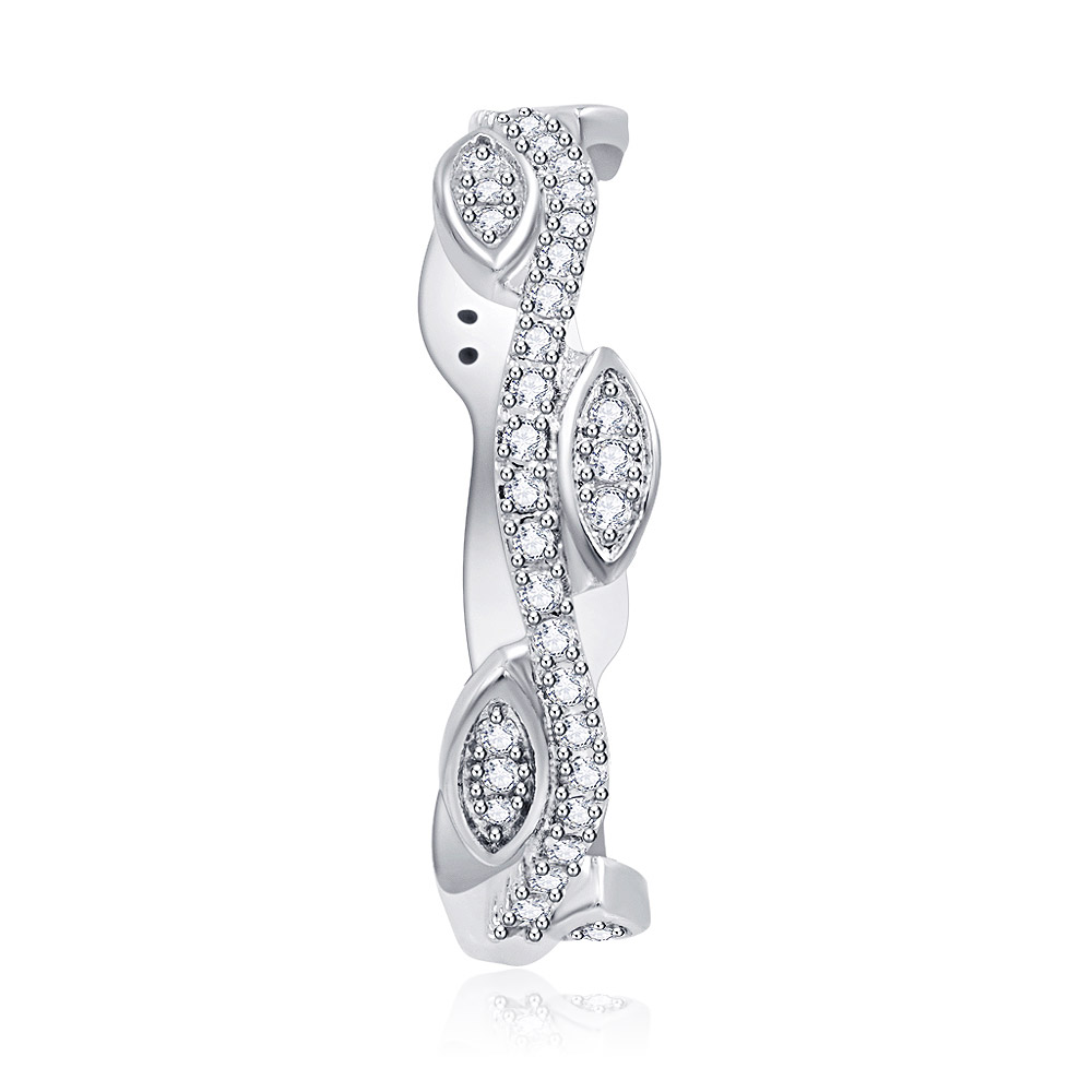 A silver-toned vintage leaf band ring with a wavy design, accented with sparkling cubic zirconia stones, shown on a white background.