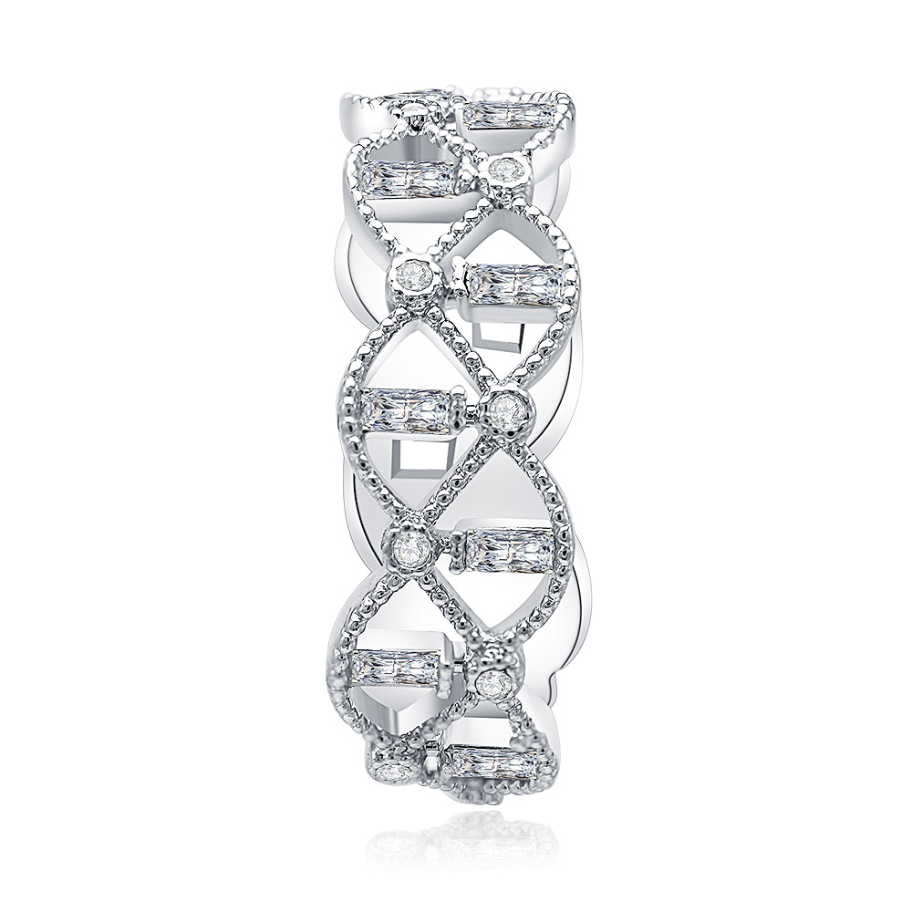 A close-up of the Victoria Alternating Ring, showcasing its intricate rhodium-plated design and sparkling cubic zirconia embellishments on a brass base.