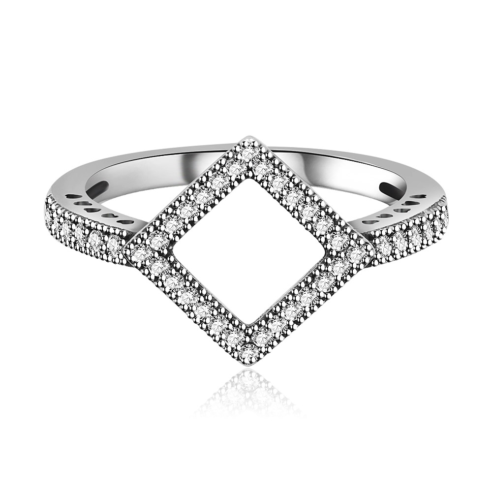 Front view of the Square Silhouette Clear CZ Ring in 925 sterling silver, showcasing its geometric design and sparkling cubic zirconia stones.