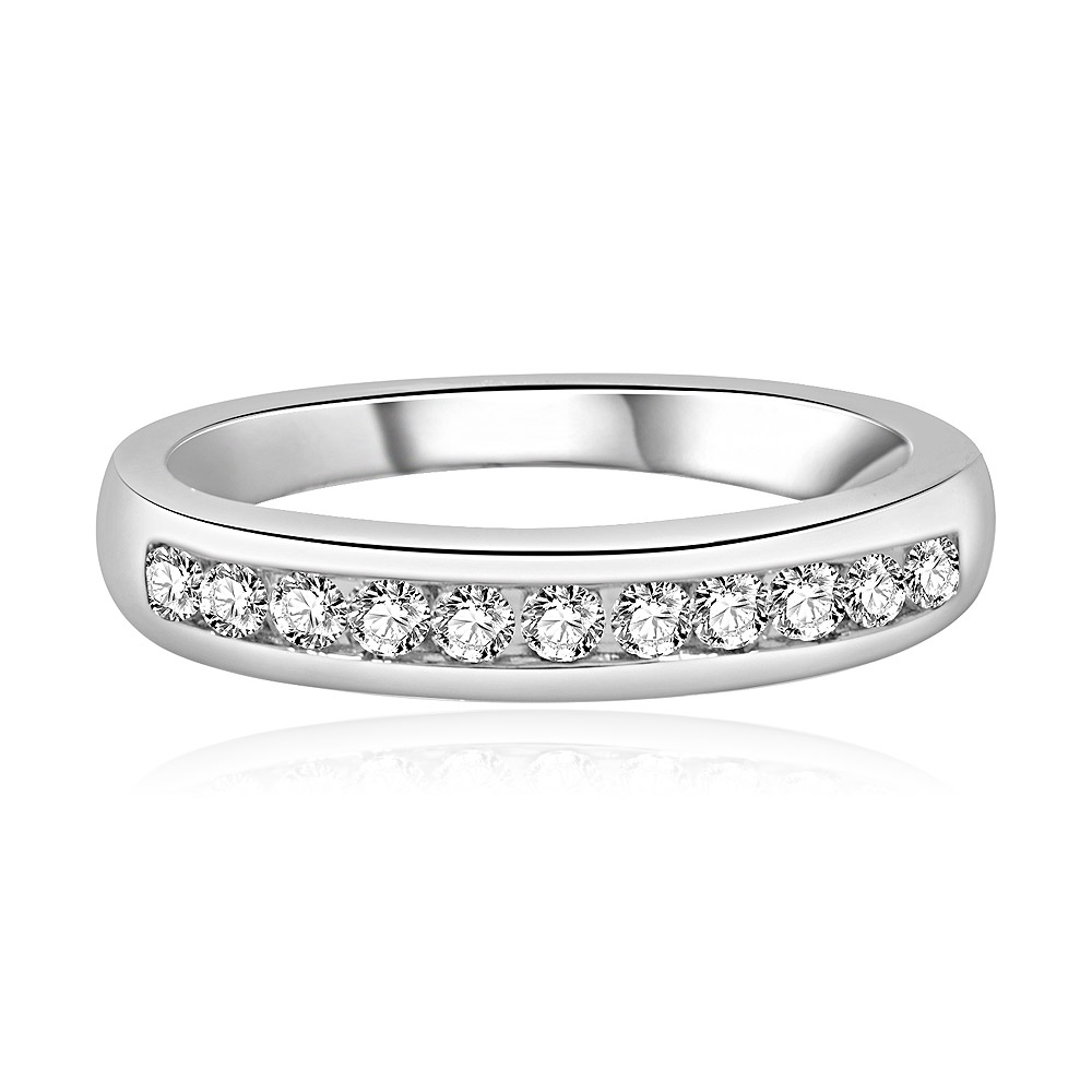 Front view of the Half Round Eternity Cubic Zirconia Wedding Band, featuring a high-polish rhodium finish and a full circle of brilliant pave-set stones.