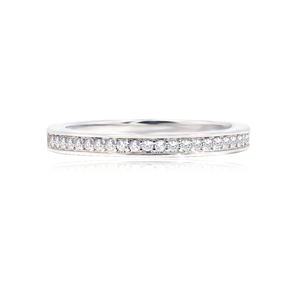 Front view of the Birth Eternity Ring, showcasing the rhodium-plated brass band and sparkling white cubic zirconia stones.