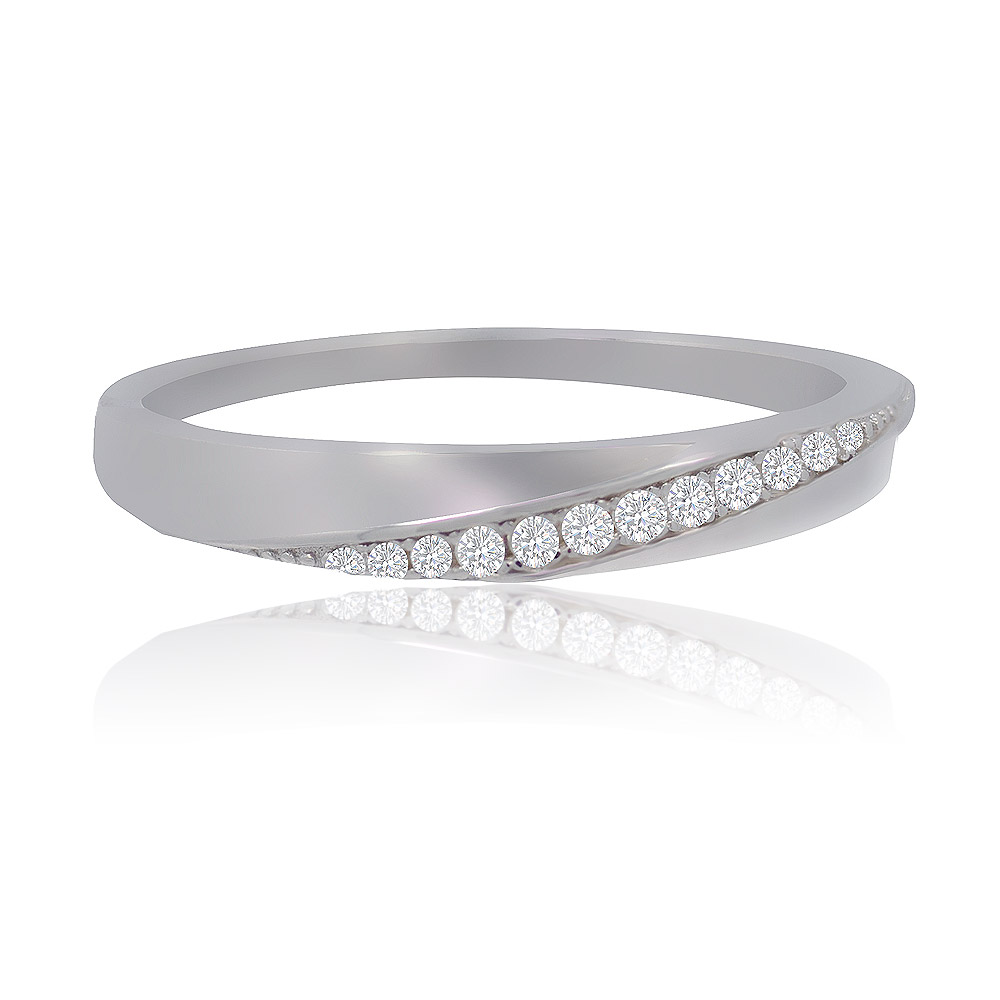 A classic 925 sterling silver wedding band with a wave-like design, featuring a row of sparkling white cubic zirconia stones.