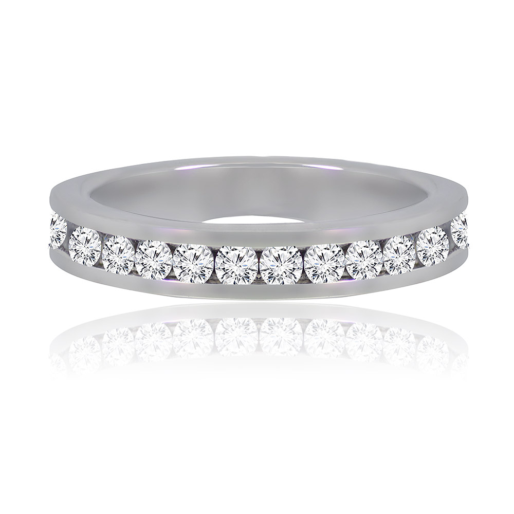 A close-up of the White Cubic Zirconia Eternity Ring, showcasing its rhodium-plated brass band set with a continuous row of sparkling cubic zirconia stones.