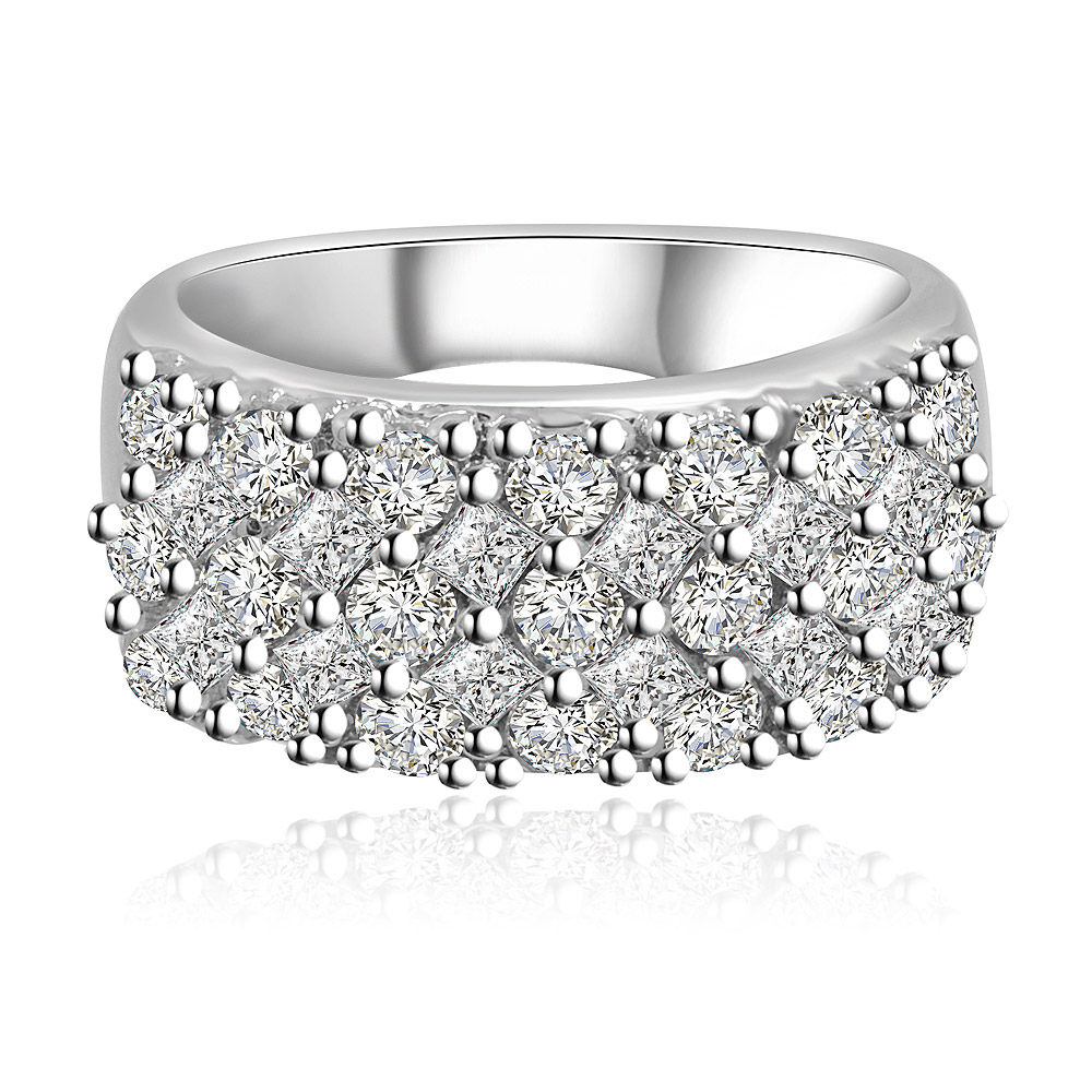 A wide rhodium-plated ring band featuring five parallel rows of sparkling white cubic zirconia stones, shown at an angle.
