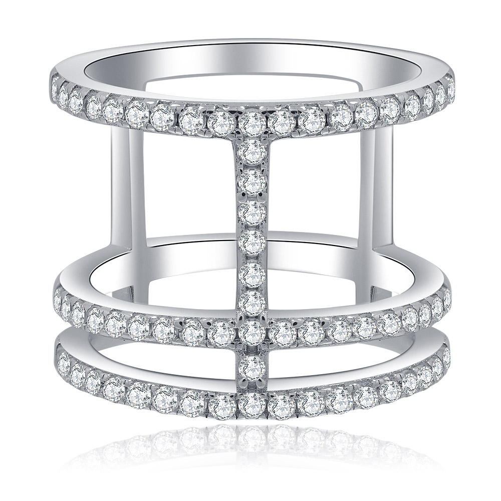 Delicate Pave Geometric Design Ring in 925 sterling silver, featuring a distinctive double-layer design with a central connecting bar set with shimmering cubic zirconia stones.