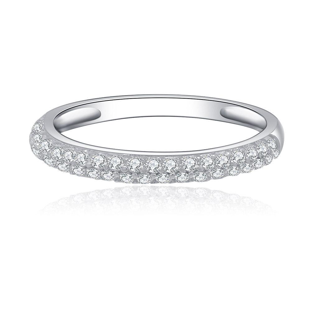 An elegant rhodium-plated 925 sterling silver accent wedding band featuring a double row of pave-set white cubic zirconia stones.