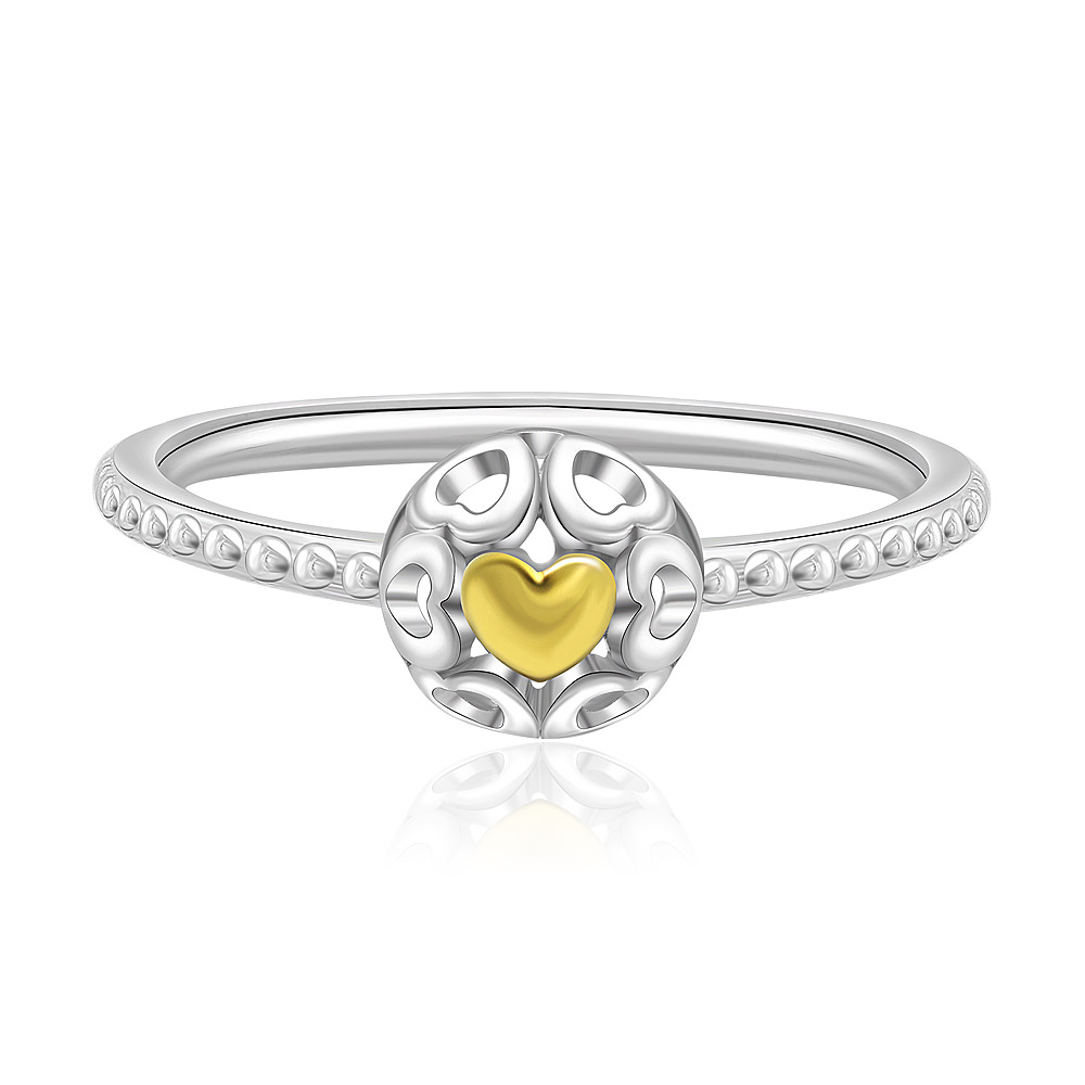 Floating Two Tone Rounded Ring in 925 sterling silver, featuring a distinctive gold heart-shaped centerpiece on a decorative circular face with a textured band.