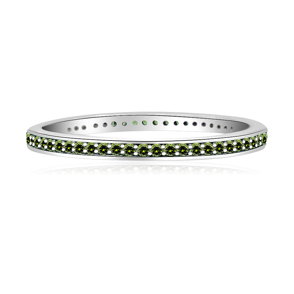 A detailed view of the Sterling Silver Olive Green Cubic Zirconia CZ Eternity Ring, showcasing its brilliant green stones.