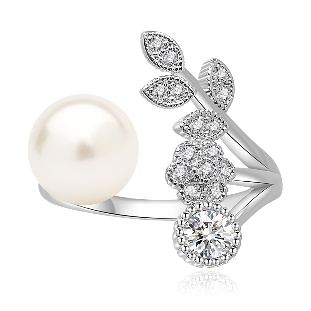 Adjustable Pearl Allure Ring featuring a large white pearl and a cubic zirconia encrusted floral design on a rhodium-plated band.