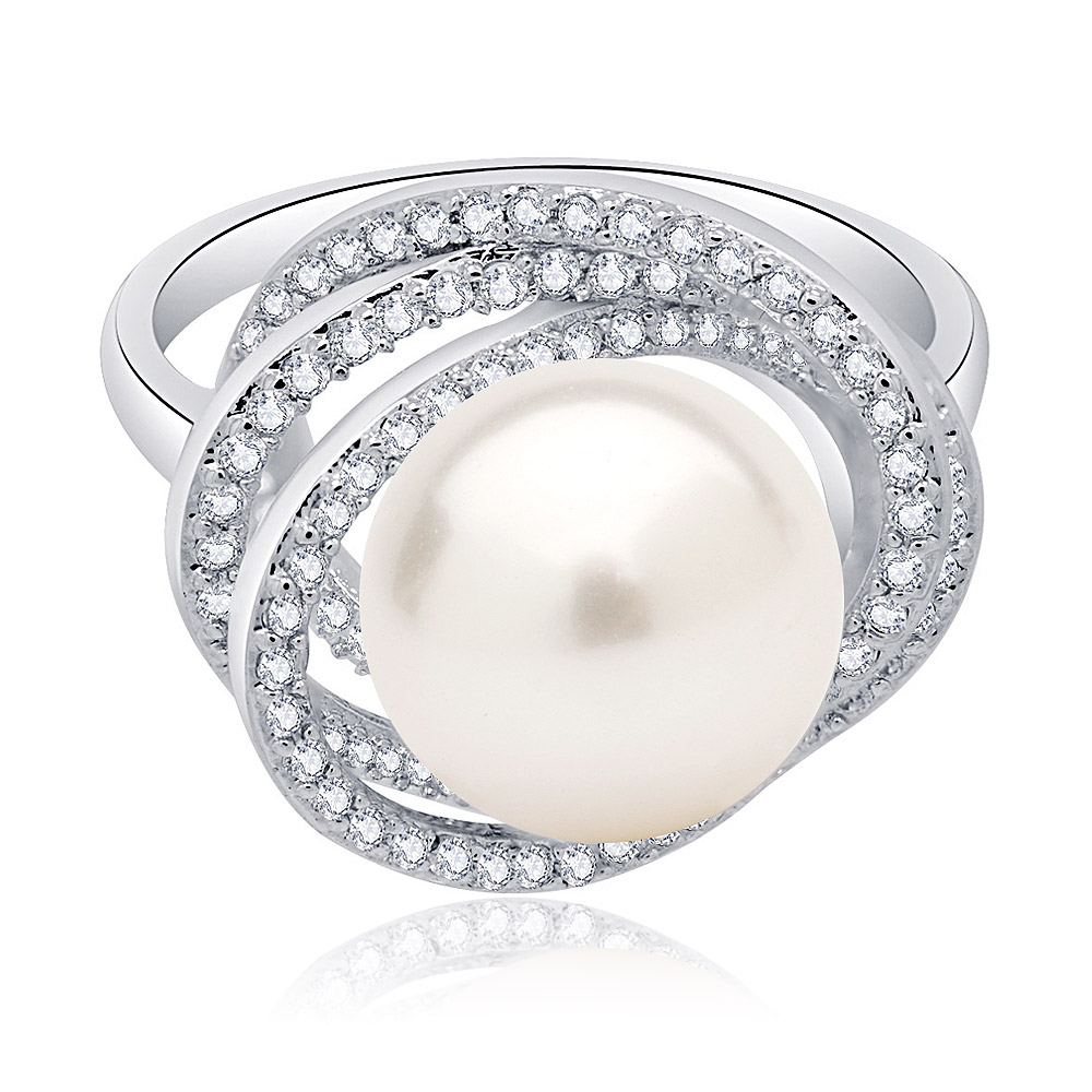 Elegant Pearl and CZ Swirl Floral Halo Ring featuring a central white glass pearl surrounded by a double halo of cubic zirconia stones on a rhodium-plated brass band.