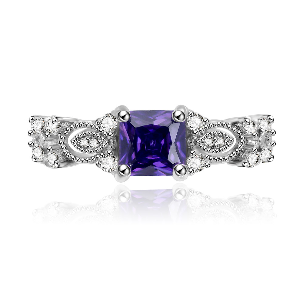 Front view of the Purple Amethyst Square Ring, showcasing the central square purple gemstone surrounded by sparkling cubic zirconia accents on a rhodium-plated brass band.