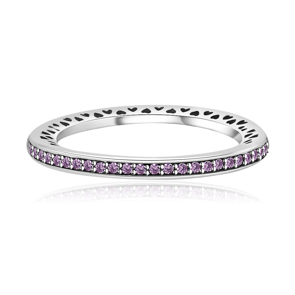 Front view of the Silver Plated Pink CZ Eternity Band Ring, showcasing the sparkling pink gemstones and delicate enamel work on a 925 sterling silver band.
