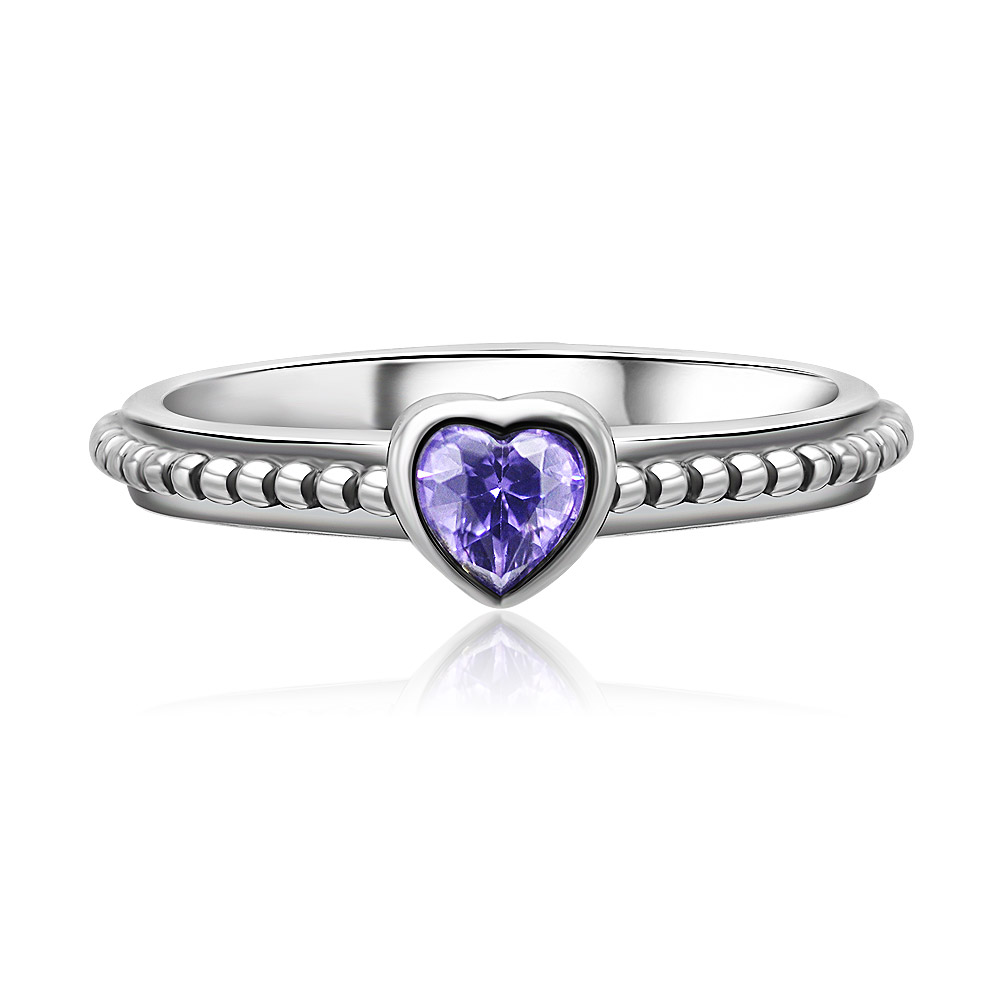 Front view of the Silver Delicate Purple Heart Stacking Ring, showcasing the vibrant heart-shaped purple cubic zirconia on a detailed 925 sterling silver band.