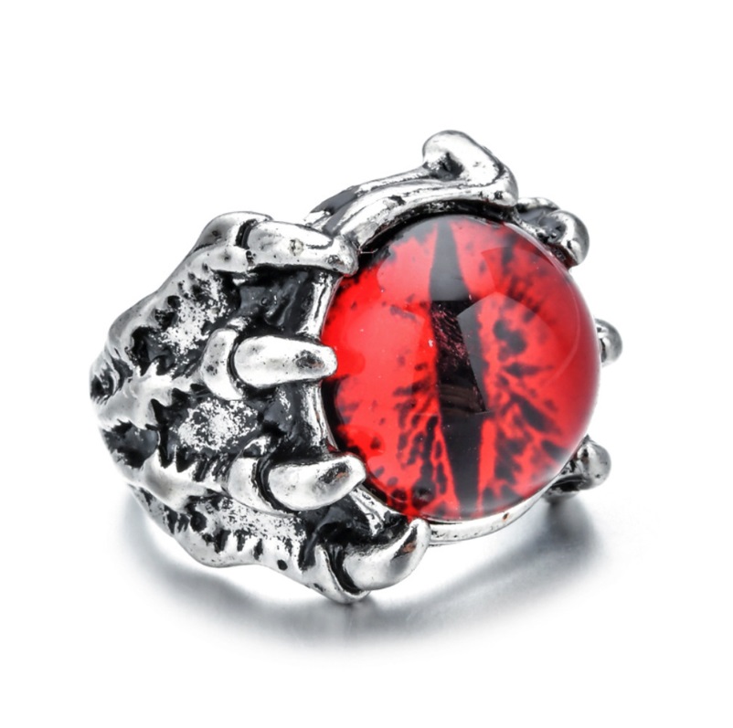 A close-up of the Red Evil Eye Adjustable Ring for Men, showcasing the detailed silver band and the prominent central red gemstone.