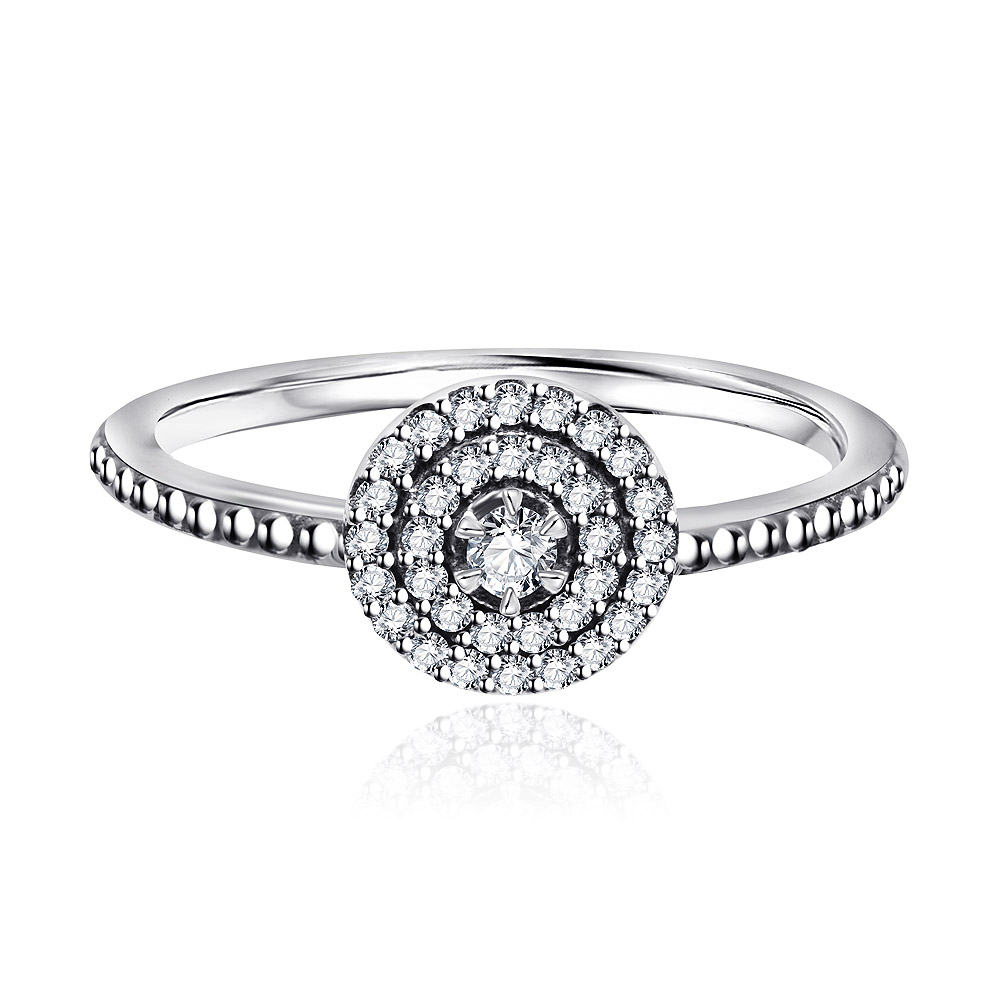 Front view of the 925 Sterling Silver Ring Radiant Elegance, showcasing its intricate spiral design with sparkling cubic zirconia stones set against an oxidized silver finish.