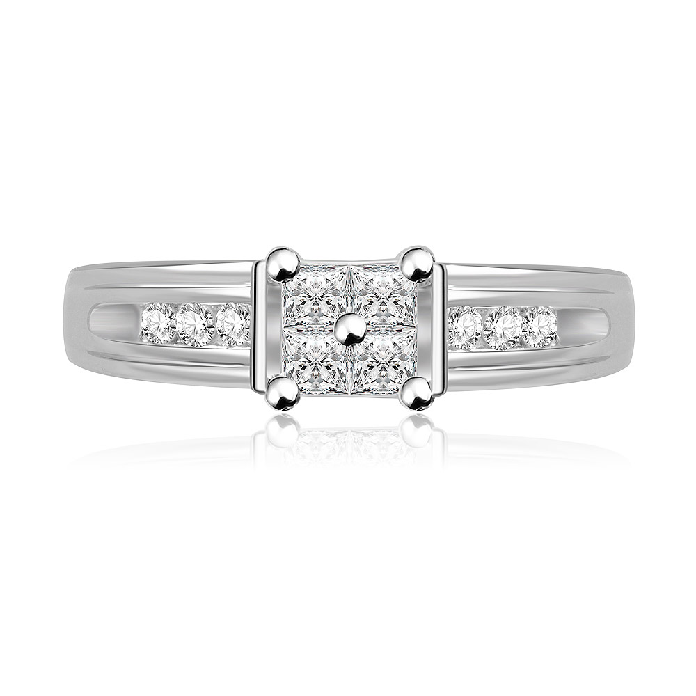 Close-up of the Engagement Women's Ring, showcasing the central square-cut white cubic zirconia stone set in a four-prong setting on a rhodium-plated band, with smaller stones on the shoulders.