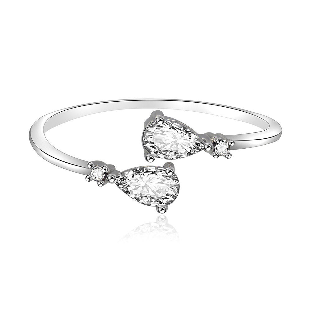 Close-up of the Glitzy Rocks Tear Drop Ring, featuring two sparkling pear-cut cubic zirconia stones on a rhodium-plated, adjustable band.