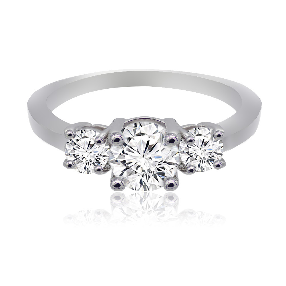 Front view of the Simply Three Stone Engagement Ring, showcasing three brilliant cubic zirconia stones on a high-polished, rhodium-plated band.