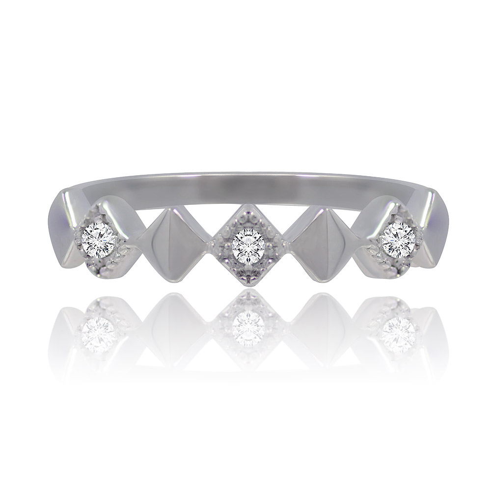 Close-up of the Square Accent Wedding Band, a rhodium-plated ring showcasing a row of sparkling white cubic zirconia stones.