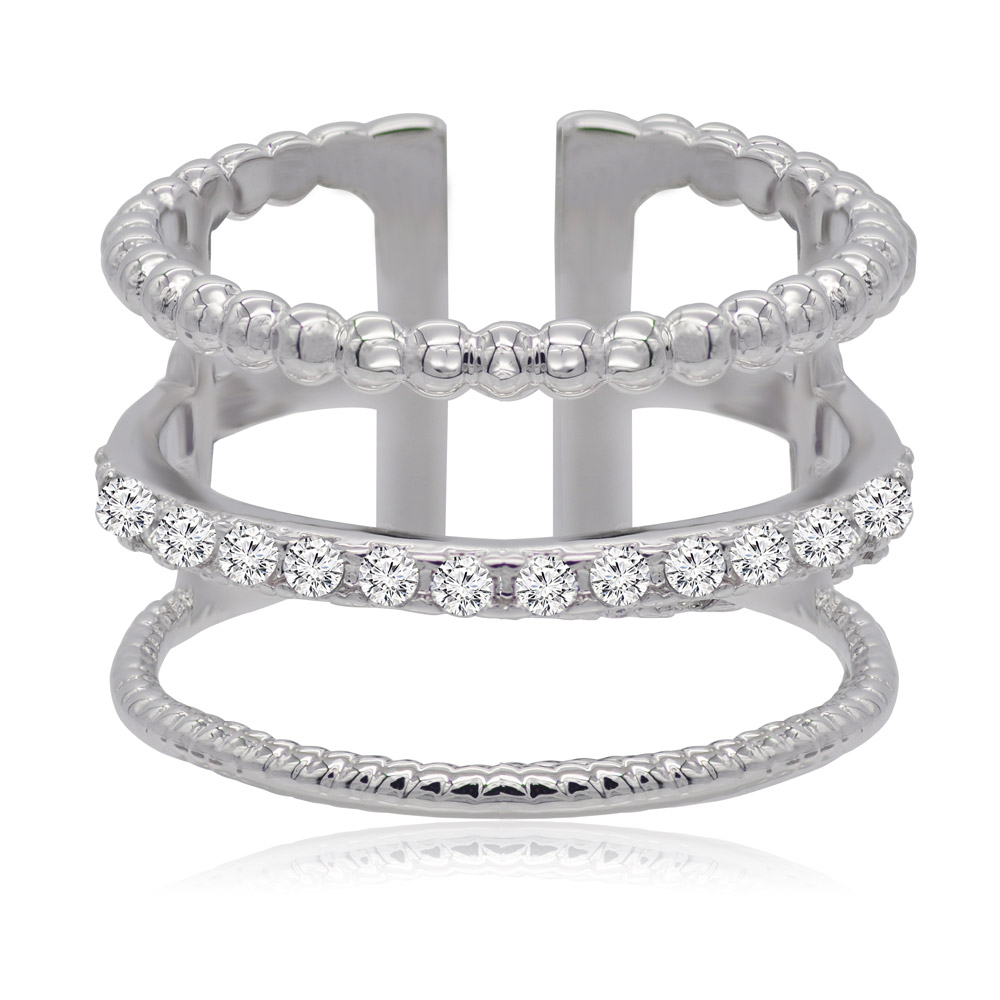 A close-up of the Unique Open CZ Wide Band Ring, showcasing its three-layer design and sparkling cubic zirconia stones, next to a plain silver band.
