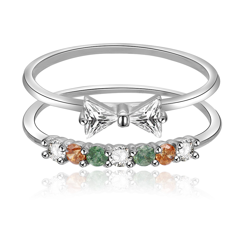 A pair of stackable 2-piece multicolor band rings made of rhodium-plated brass, adorned with sparkling white, pink, champagne, and light green cubic zirconia stones.