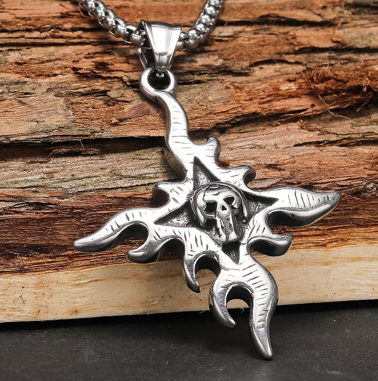 Detailed view of the Fire Flame Necklace for men, showcasing a polished stainless steel skull pendant enveloped in intricate flame designs, hanging from a sturdy chain.